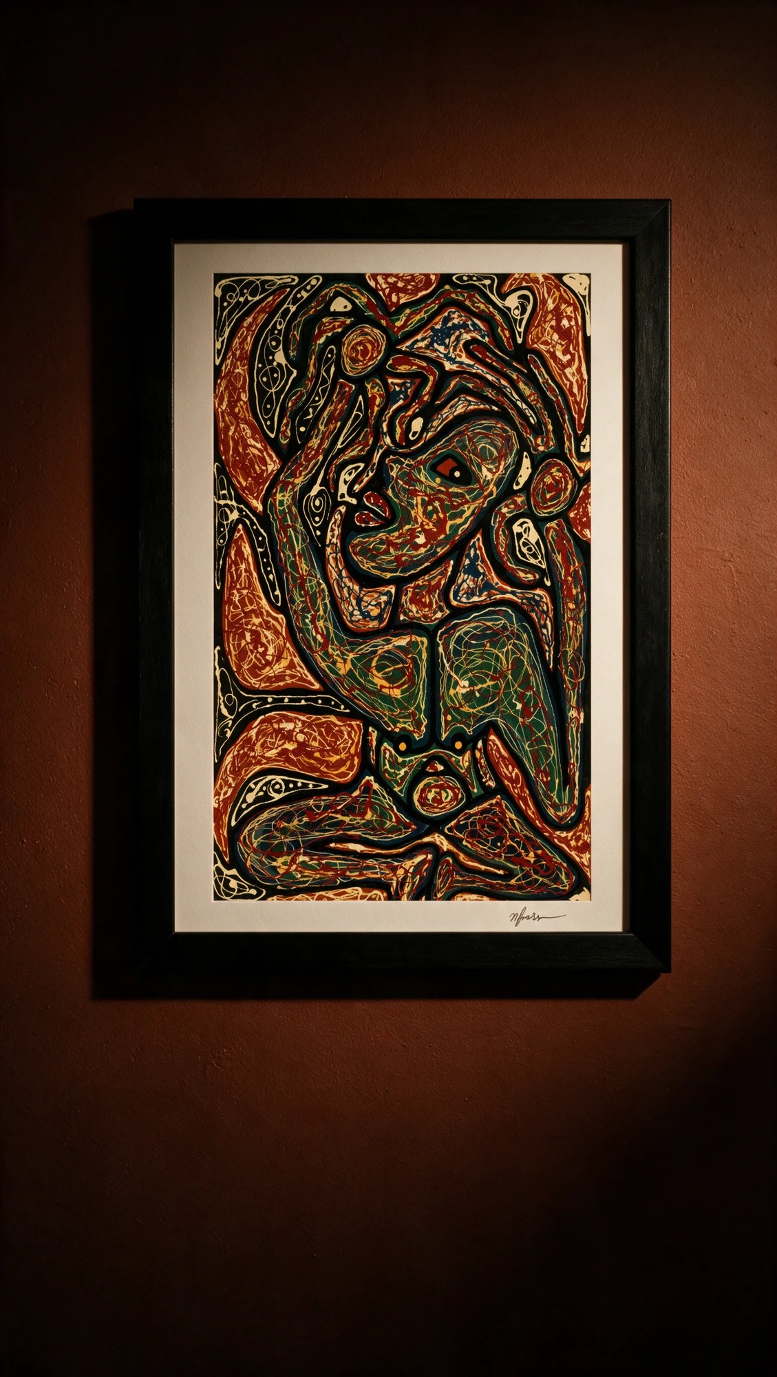 Tribal Goddess by Nick Fraser — Chapter II Collector Edition, framed archival giclée print on a warm red gallery wall