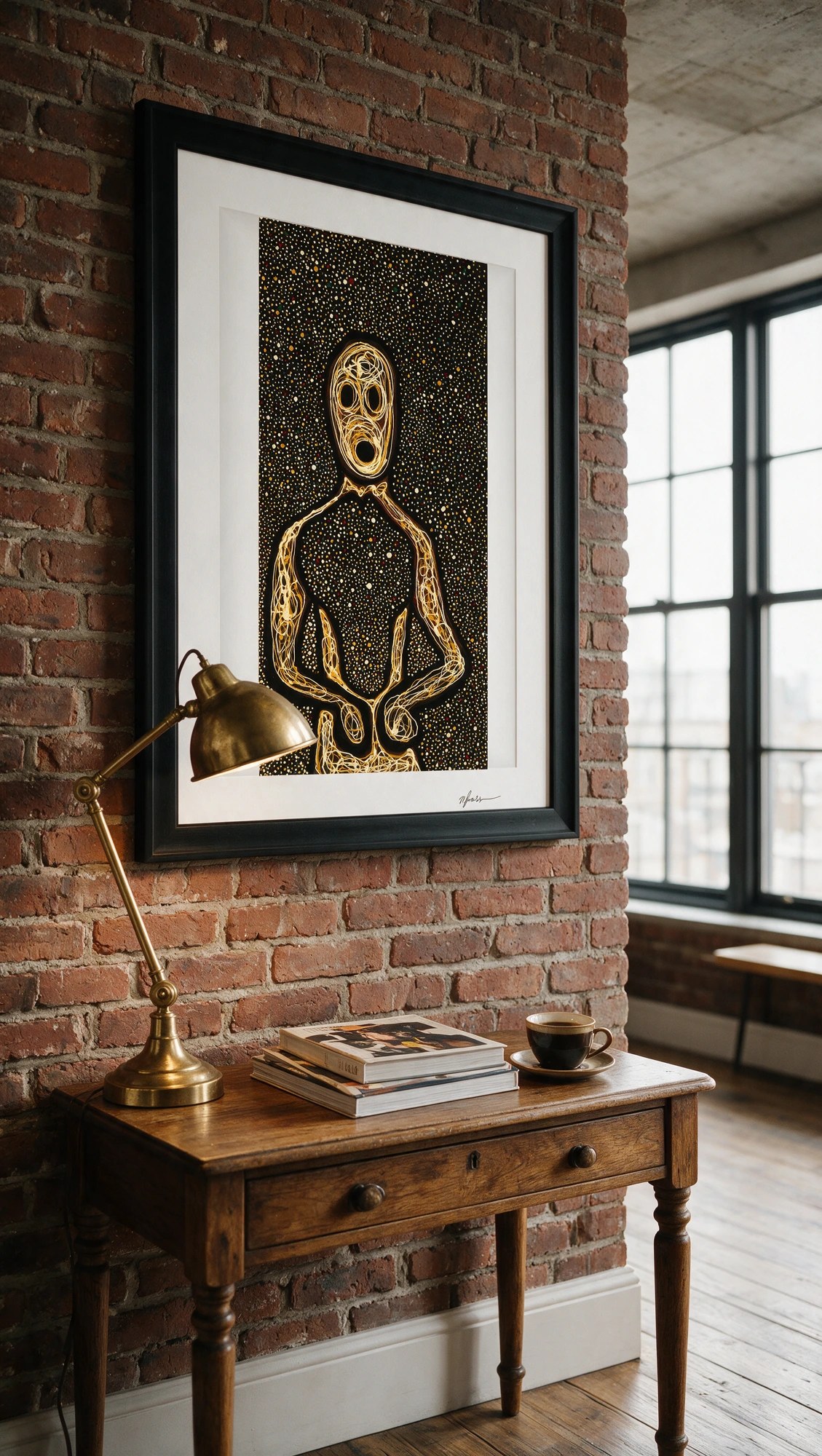 Universal Soul of Stars by Nick Fraser — Chapter II Collector Edition, framed on an exposed brick wall in a collector's interior